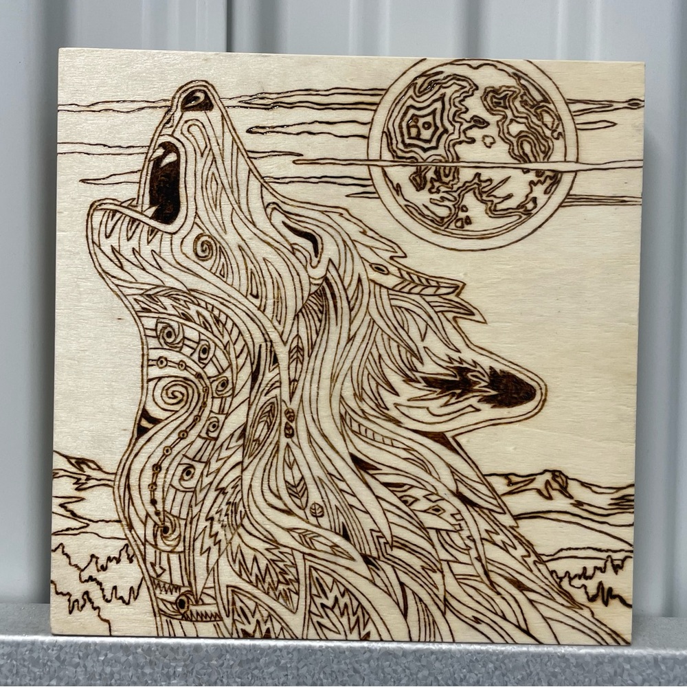 Wolf Howling at Moon Wood Burning Wall Hanging Decor Handmade Pyrography